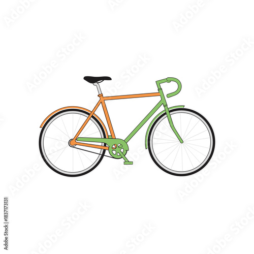 A minimalist illustration of a vintage bicycle with a green and orange frame.