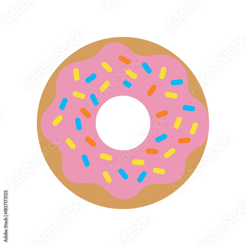 A delicious pink frosted donut with colorful sprinkles.