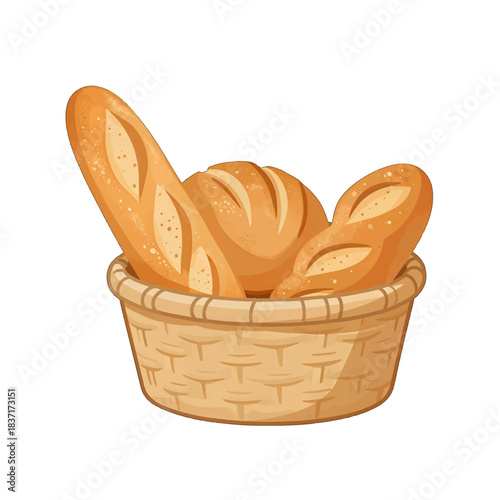 Fresh Bread in Woven Basket Flat Design Illustration