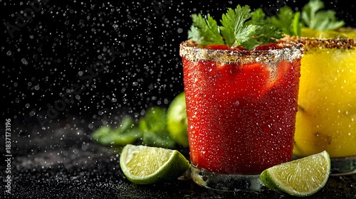 Two cocktails isolated on black background include a red Bloody Mary with celery and a yellow mimosa with lime featuring water droplets glass.