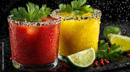 Two cocktails isolated on black background include a red Bloody Mary with celery and a yellow mimosa with lime featuring water droplets glass.