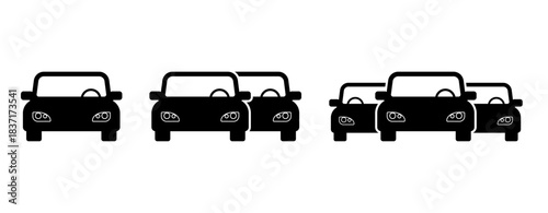 Cars Icon Set Transport Flow Symbols, Traffic Jam Illustration, Vehicle Queue Silhouette, Road Transportation Icons, Automobile Front View Vector Design for Mobility and Traffic Concepts - Vector