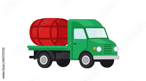 Green Truck with Red Water Tank Flat Vector Illustration