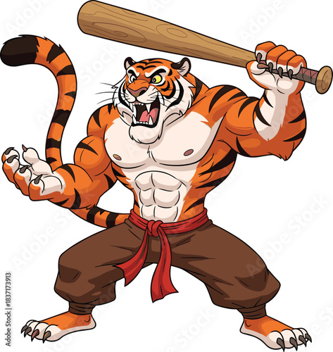 Aggressive anthropomorphic tiger warrior with baseball bat, muscular cartoon animal character in fighting pose, fierce expression, fantasy beast for comics, animation, video games, vector illustration