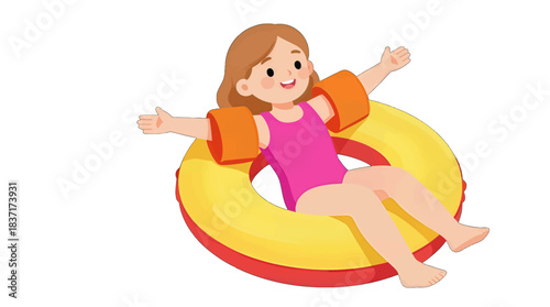 Happy Girl in Pink Swimsuit Floating on Inner Tube