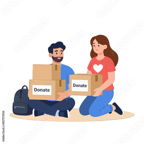 Happy Couple Holding Donate Boxes Flat Vector Illustration