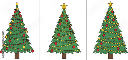 Minimalist tiered holiday pine tree vector set ideal for clean graphic design, web icons, seasonal infographics, and simple greeting card applications.
