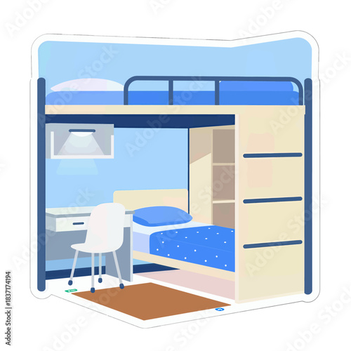 Illustration of Blue Bunk Bed With Desk in Flat Design Style
