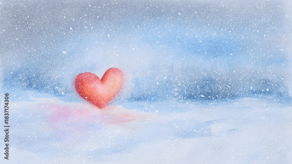 Fototapeta premium Magical winter scene glows with a red heart cozy snowscape evokes gentle warmth and serene beauty