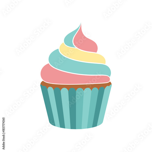 A delightful cupcake with colorful frosting and a striped wrapper.