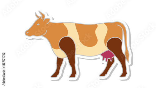 Stylized Brown and Tan Cow with Pink Udder Standing Still with White Outline Against a Black Background Simple Farm Animal Illustration