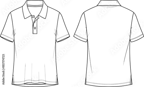 Minimalist polo shirt CAD drawing flat vector illustration showing front and back technical design details for apparel fashion template usage, clean outline style