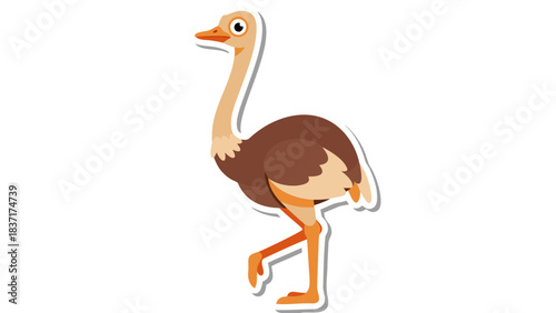 Stylized Brown Ostrich With Orange Legs Walking With Its Head Turned To The Side And A White Outline Against A Black Background
