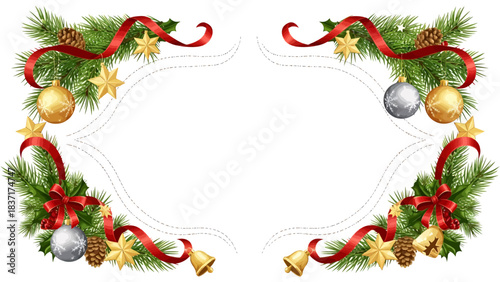 Stunning festive border design with elegant red ribbon pine branches and shimmering gold silver ornaments for holiday greetings