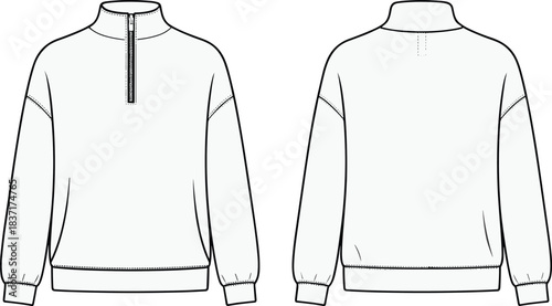 Unisex technical flat sketch CAD drawing vector illustration half-zip sweatshirt pullover jumper top loungewear casual apparel garment front back view template.