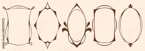 Art nouveau frame borders with ornament pattern in vintage vector style - elegant brown decorative shapes on beige background. Classic floral and geometric designs for retro graphic or invitations.