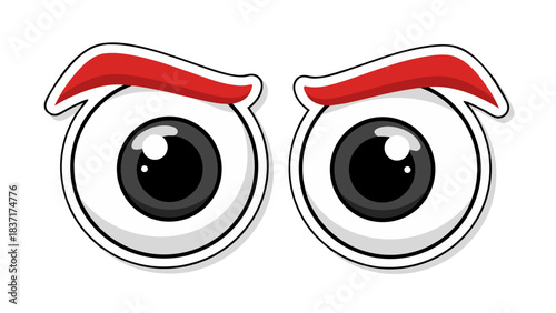 Stylized Cartoon Eyes with Angry Red Eyebrows Against a Black Background