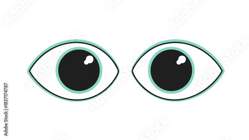 Stylized cartoon eyes with black pupils and teal irises against a stark black background evoking a sense of curiosity or observation with a clean graphic illustration style