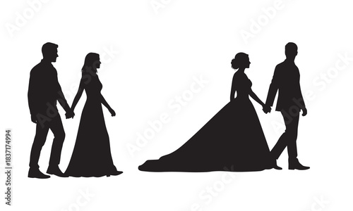 Silhouette of bride and groom walking together isolated on white