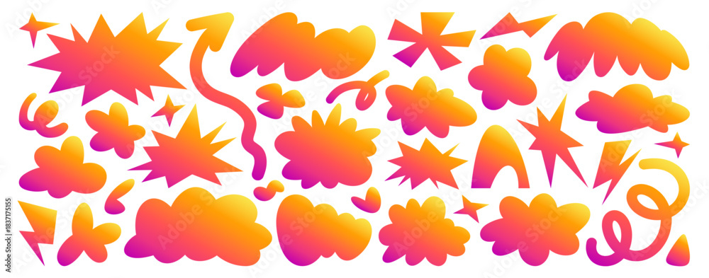 Naklejka premium Abstract groovy blobs set isolated on white background. Vector cartoon illustration of different shape gradient clouds, doodle arrows, colorful speech bubbles, funky star, sparkle, lightning stickers