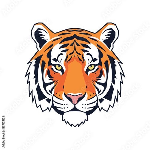 Close up of a fierce tiger face with striking orange and black stripes.