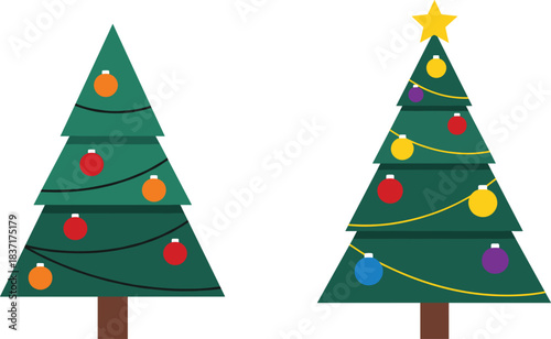Vector pair of festive Christmas trees in a simple flat design style, featuring colorful baubles, string lights, and a bright star topper for holiday graphics.