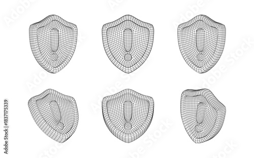 Cybersecurity Shield Wireframe Icon Set For Protection And Security Concepts. Shields Collection. Vector Illustration