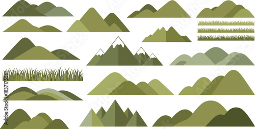 Cartoon mountain and grass landscape elements set with natural shapes and earthy tones, perfect for outdoor, nature, or geography vector illustration content