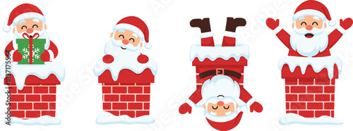 Cute cartoon Santa characters in different chimney poses, showing cheerful expressions, gifts, upside-down antics, and festive Christmas holiday joy