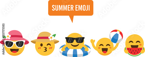 Cute summer-themed emoji characters wearing hats, sunglasses, swimming gear, and enjoying fun activities like beach balls and watermelon on a sunny day