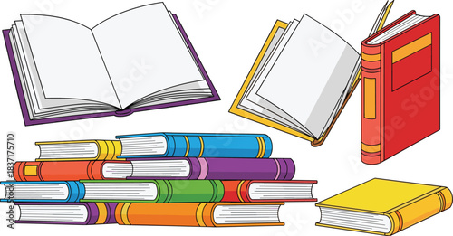 Vibrant collection of colorful books stacked, opened, and displayed, showcasing diverse covers, dynamic arrangements, and expressive illustrated educational design elements