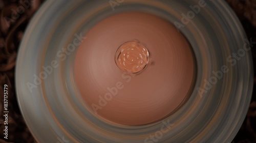 Potter trimming clay pot lid on pottery wheel close-up