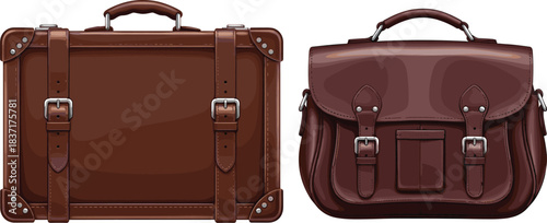 Vintage brown leather suitcase and satchel bag side by side, showcasing classic design, sturdy buckles, handles, and detailed craftsmanship