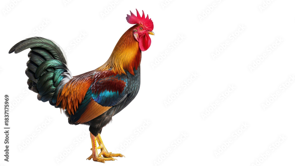 Fototapeta premium Vibrant Colorful Rooster with Red Comb and Multi-colored Feathers isolated PNG with Transparent Background