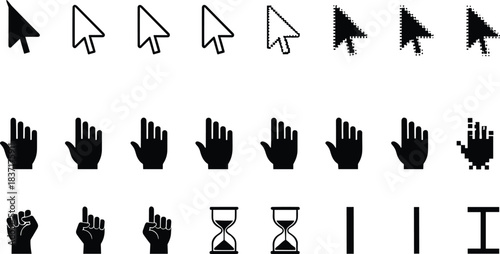Cursor icon set, arrow styles, hand pointer, pixelated design, hourglass, text selector, UI element, digital interface, vector illustration