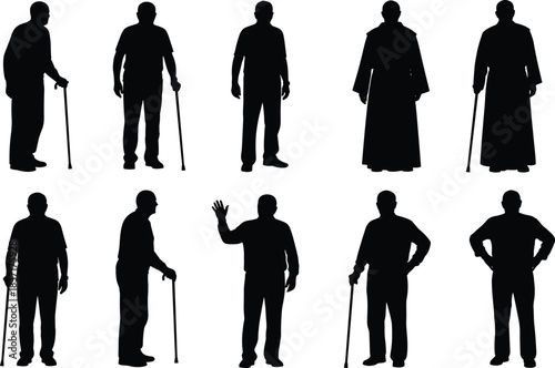 Elderly man silhouettes, standing poses, cane support, robe attire, waving gesture, aging icons, character design, vector illustration