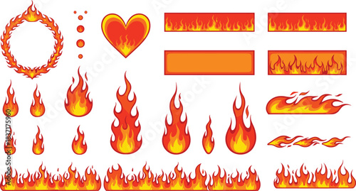 Flame icon set, fire borders, heart flame, circular wreath, heat symbol, passion design, burning frame, vector illustration