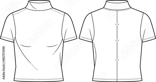 High Neck Top Technical Drawing, Short Sleeve CAD, Bust Dart Detail, Back Seam, Flat Sketch, Garment Construction, Vector Illustration