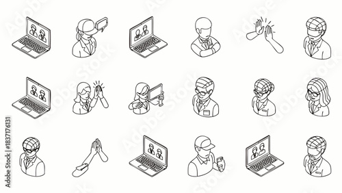 A versatile collection of isometric line icons depicting diverse individuals engaged in virtual meetings, remote work, and digital communication scenarios.