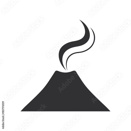 Minimalist Black Volcano Icon with Wavy Smoke Plume on White Background.
