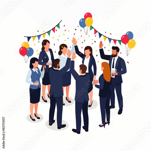A diverse group of business professionals celebrates a significant achievement or successful project with joy, surrounded by festive decorations and confetti.