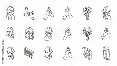 Collection of isometric line art icons representing construction workers, praying hands, and industrial equipment for diverse projects.