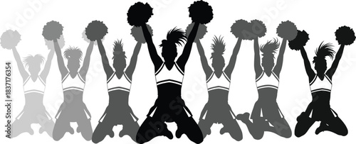 Cheerleader silhouette sequence with raised pom-poms and fading motion effect, ideal for sports, celebration, or team spirit vector illustration content