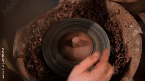 Potter trimming clay pot lid on pottery wheel close-up