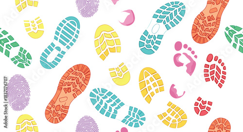 Colorful shoe prints, baby footprints, and fingerprints on white background, ideal for identity, childhood, or forensic-themed vector illustration