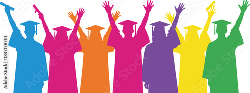 Colorful silhouettes of graduates in caps and gowns raising hands and diplomas, ideal for education or celebration-themed vector illustration
