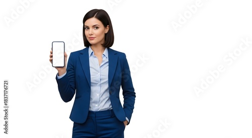 Professional businesswoman in blue suit showing blank smartphone screen isolated on white background