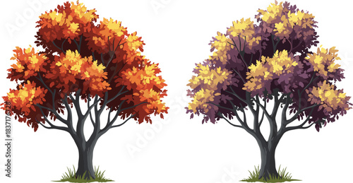 Collection of six colorful flowering garden plants and decorative shrubs vector illustration set, including pink, blue, orange, and yellow bushes, isolated on white background