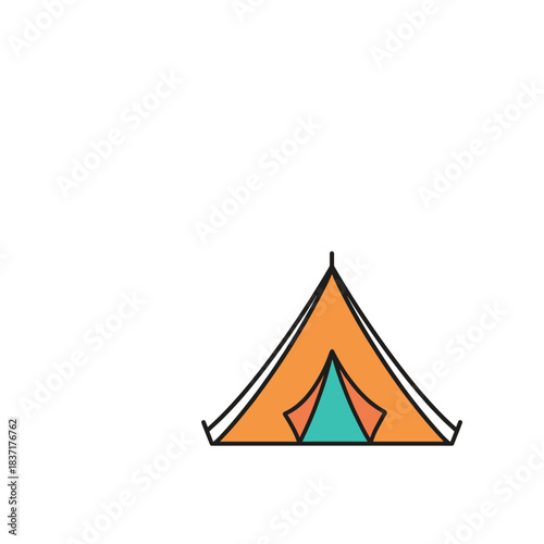 Simple orange and teal camping tent illustration on white.
