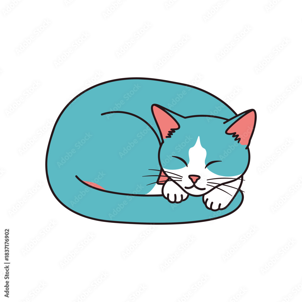 Fototapeta premium Sleeping cat curled up in a ball with closed eyes and peaceful expression.